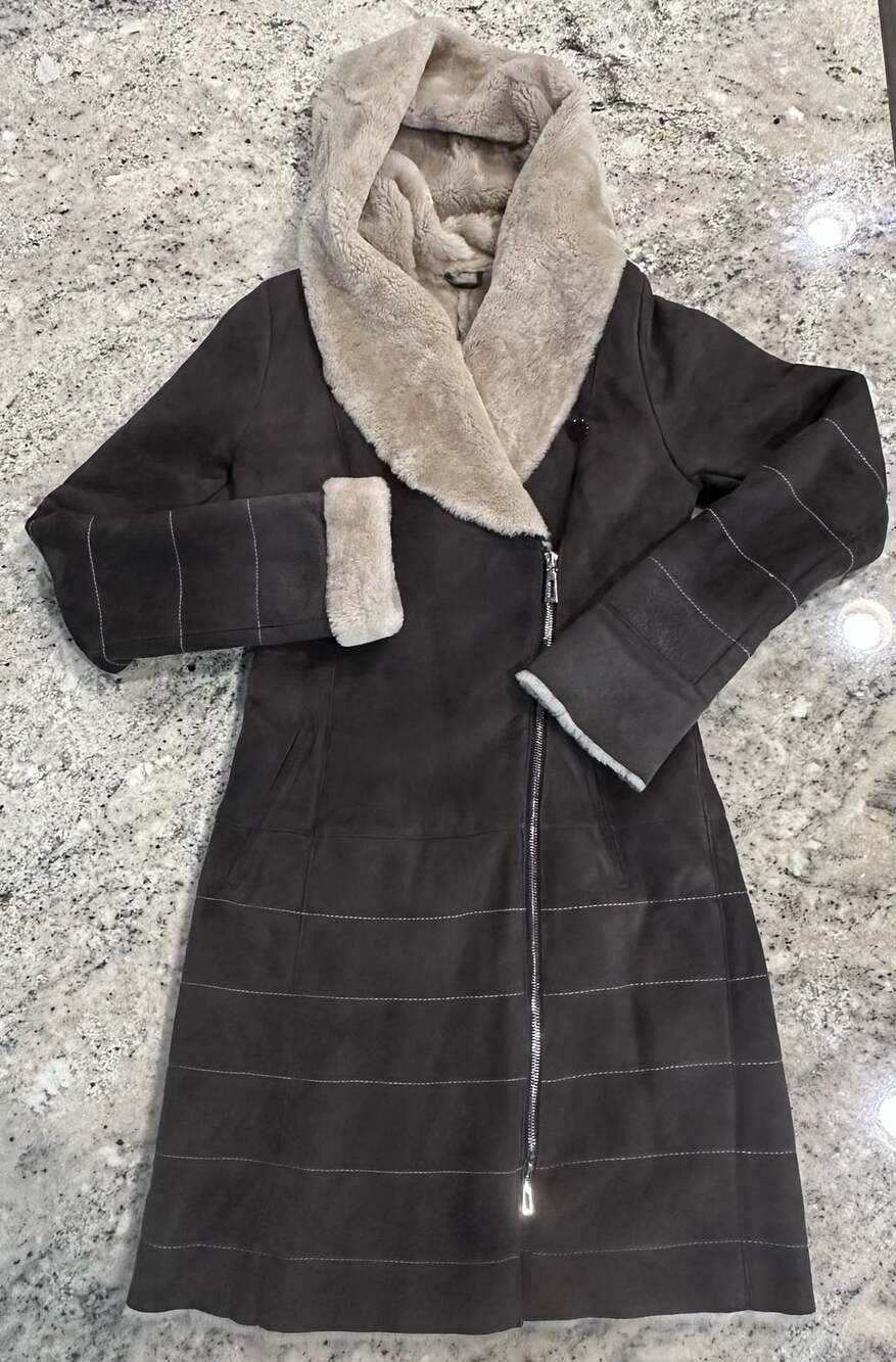 Rimini Leather & Fur Shearling Coat Size M Brown Hooded Long Jacket
